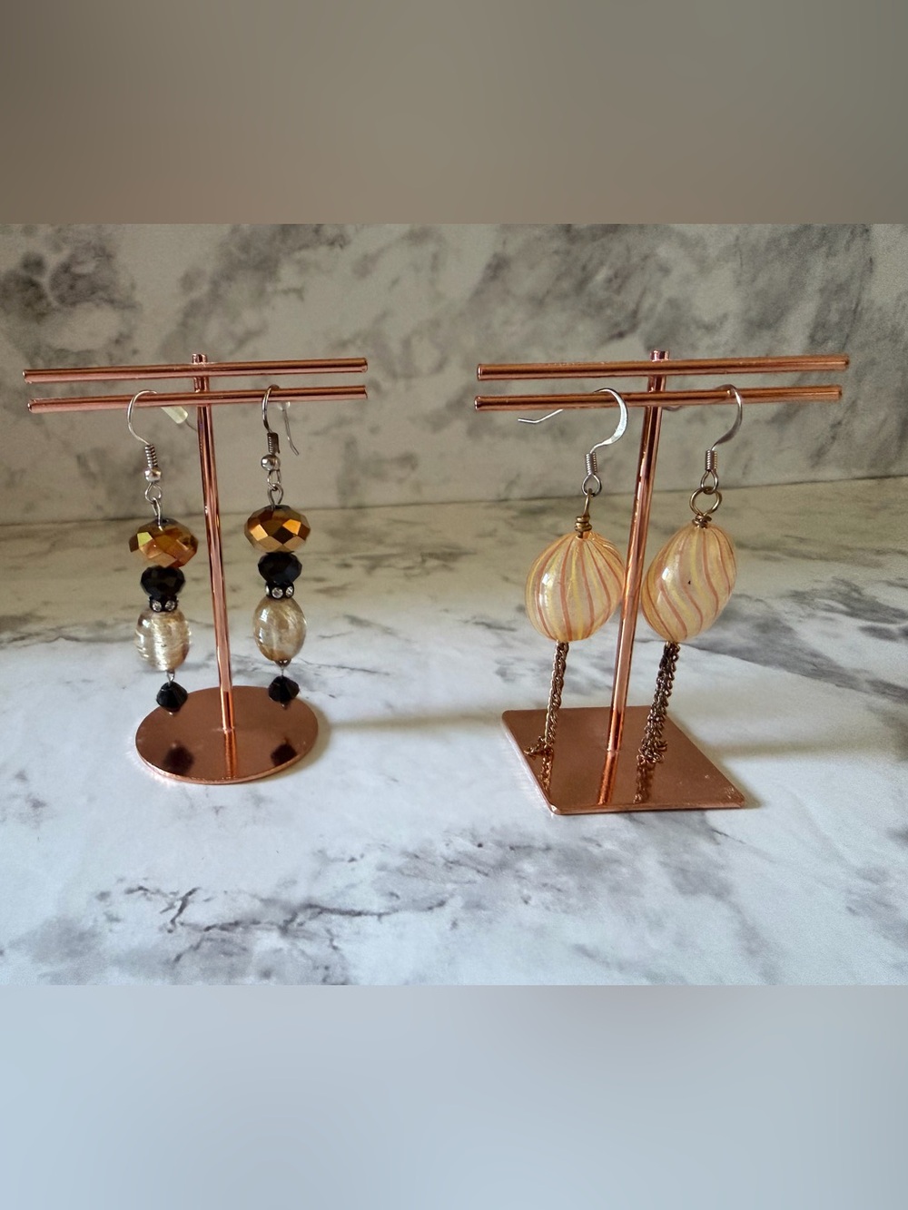 Gold and Black Glass Bead Drop Earrings - Women Fashion Jewelry - 2 pairs